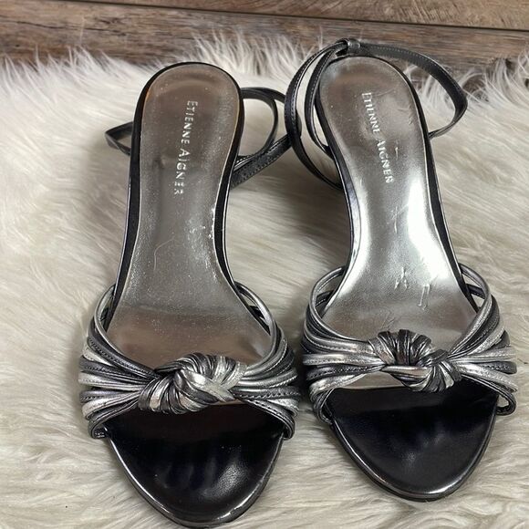 Etienne Aigner Peep Toe Strappy Heels Size Sz 7M Silver and Black NWOT Old Stock - Picture 2 of 10